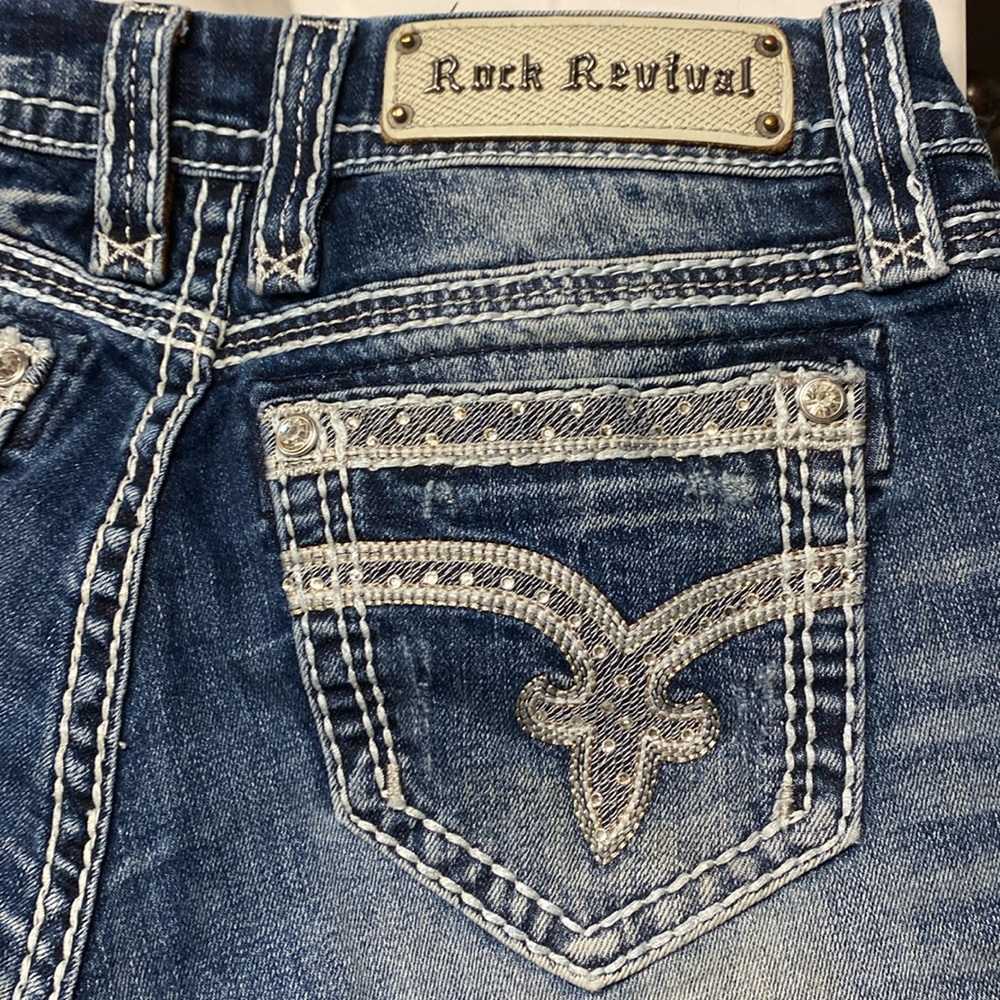 Rock revival bootcut jeans, stonewashed with rhinestone trim, size 28